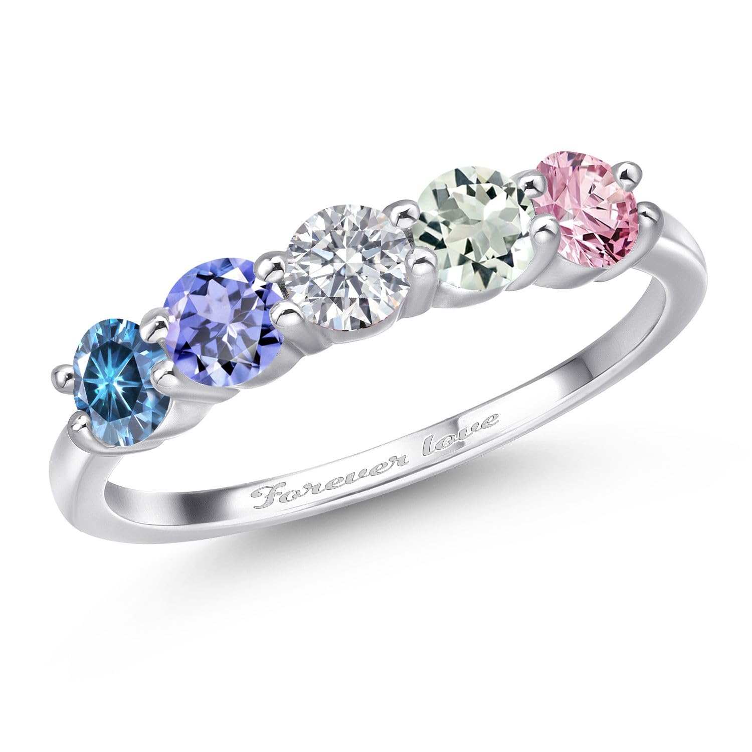 Gem Stone King Customized Personalized Engraved 5-Stone Wedding Band Ring For Women | 925 Silver | 4MM Round Gemstone Birthstone | 5 Stone Wedding