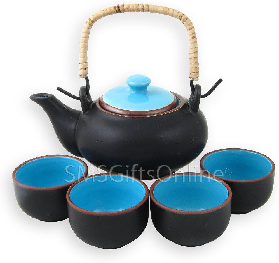 Boxed Tea for 4 Porcelain Black Teapot Set with Blue Glaze of Inner Side - 1 Teapot and 4 Cups