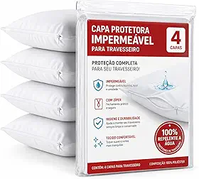 Kit 4 Capas Protetoras de Travesseiro 50x70cm – Fronhas Impermeáveis e Antialérgicas com Zíper – Proteção Contra Ácaros e Líquidos – Cor Branco, Conforto e Durabilidade - Premium