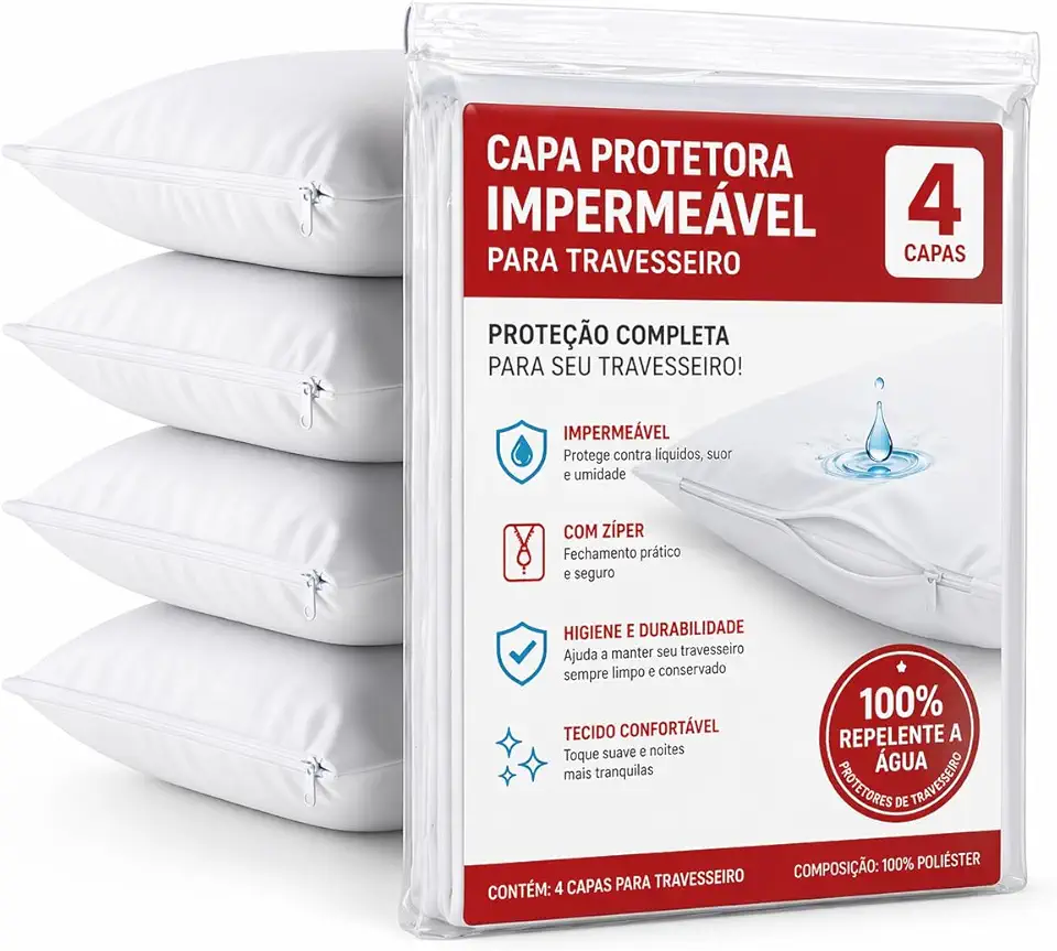 Kit 4 Capas Protetoras de Travesseiro 50x70cm – Fronhas Impermeáveis e Antialérgicas com Zíper – Proteção Contra Ácaros e Líquidos – Cor Branco, Conforto e Durabilidade - Premium