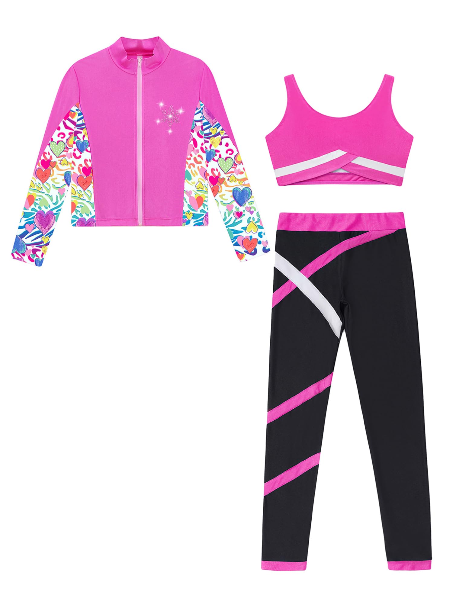 TiaoBug Conjunto Deportivo Para Niñas Chaqueta Manga Larga + Chaleco Sin Mangas + Leggings Traje De Gimnasia Rítmica Entrenamiento Rosa caliente 11-12 años
