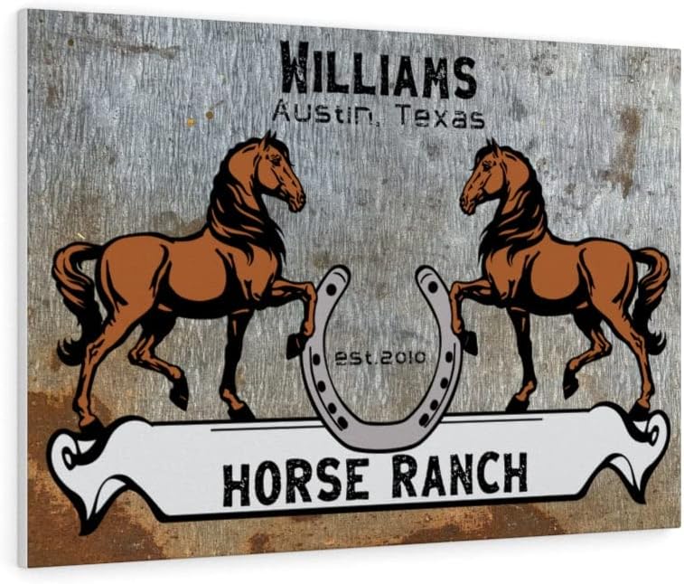 Personalized Rustic Horse Ranch Farmhouse Outdoor Family Wall Art Canvas Decor Gift, Rustic Horses Shoe Farmhouse Family Name Canvas Premium Gallery Wraps (1.25"), 30" × 20"