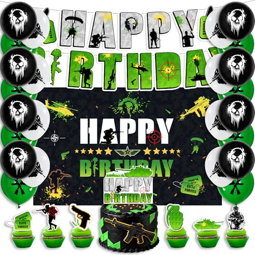 42Pcs Call Game Theme Party Decorations Disposable Army Special Ops Birthday Banner Cake Toppers Balloons Backdrop for Tactical Mission Celebration Supplies Gamer Duty Birthday Party Decorations