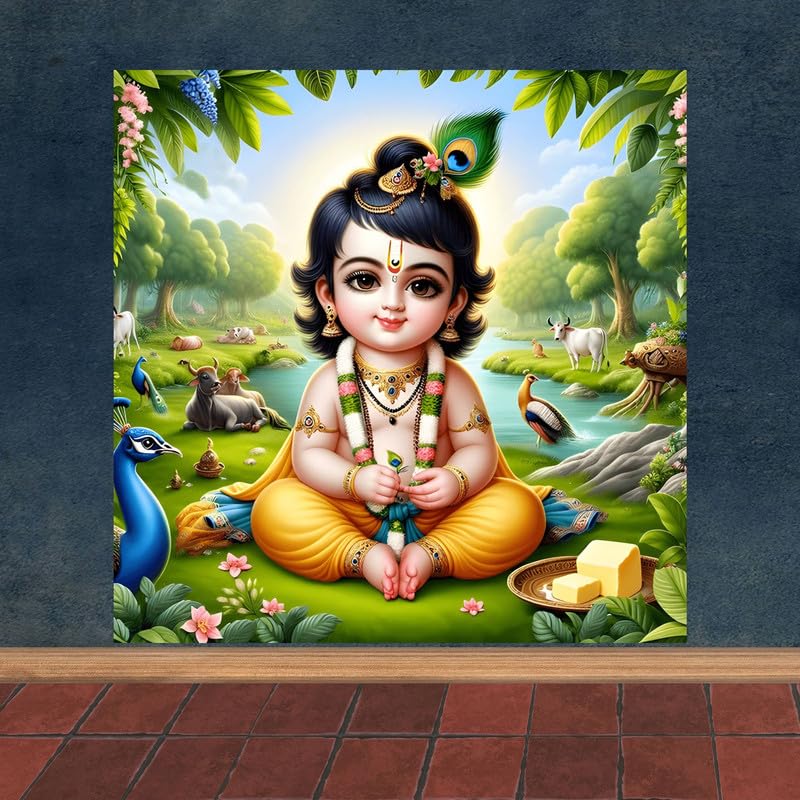 Image of British Terminal Cute little Bal Gopal Baby God Krishna| Kanha Ji | Laddu Lord Makhan Chor Painting Religious Poster for Pregnant Women for wall (matt thin vinyl,sticker,multicolor,unframed)| bj3