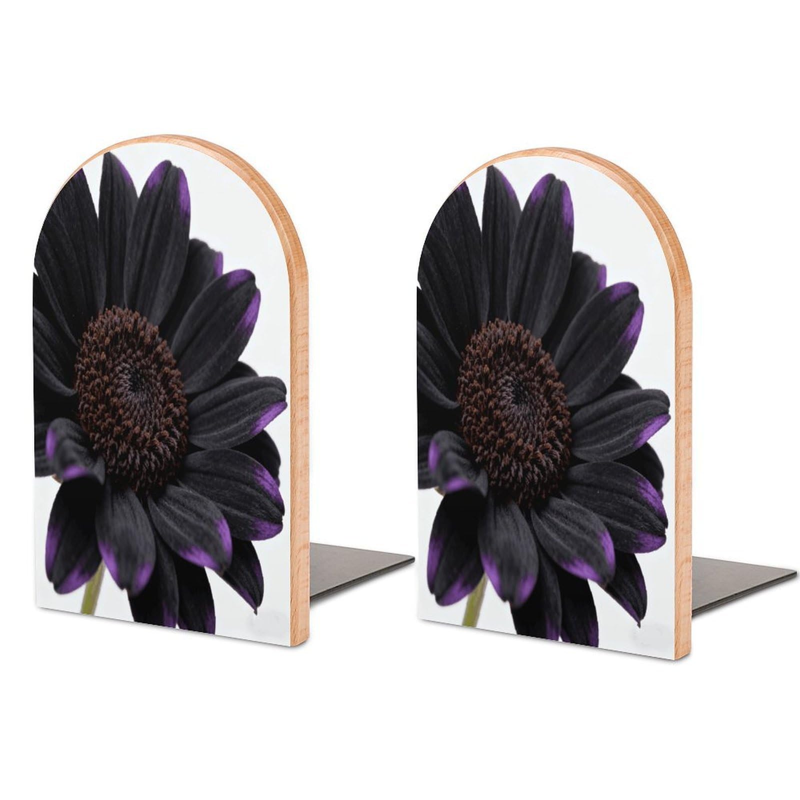 Black Daisy Book Ends Wood Non-Skid Bookend for Shelves Heavy Duty Bookends with Metal Base Decorative Books Stopper Desk Organizers Book Dividers for Office Home 1 Pair