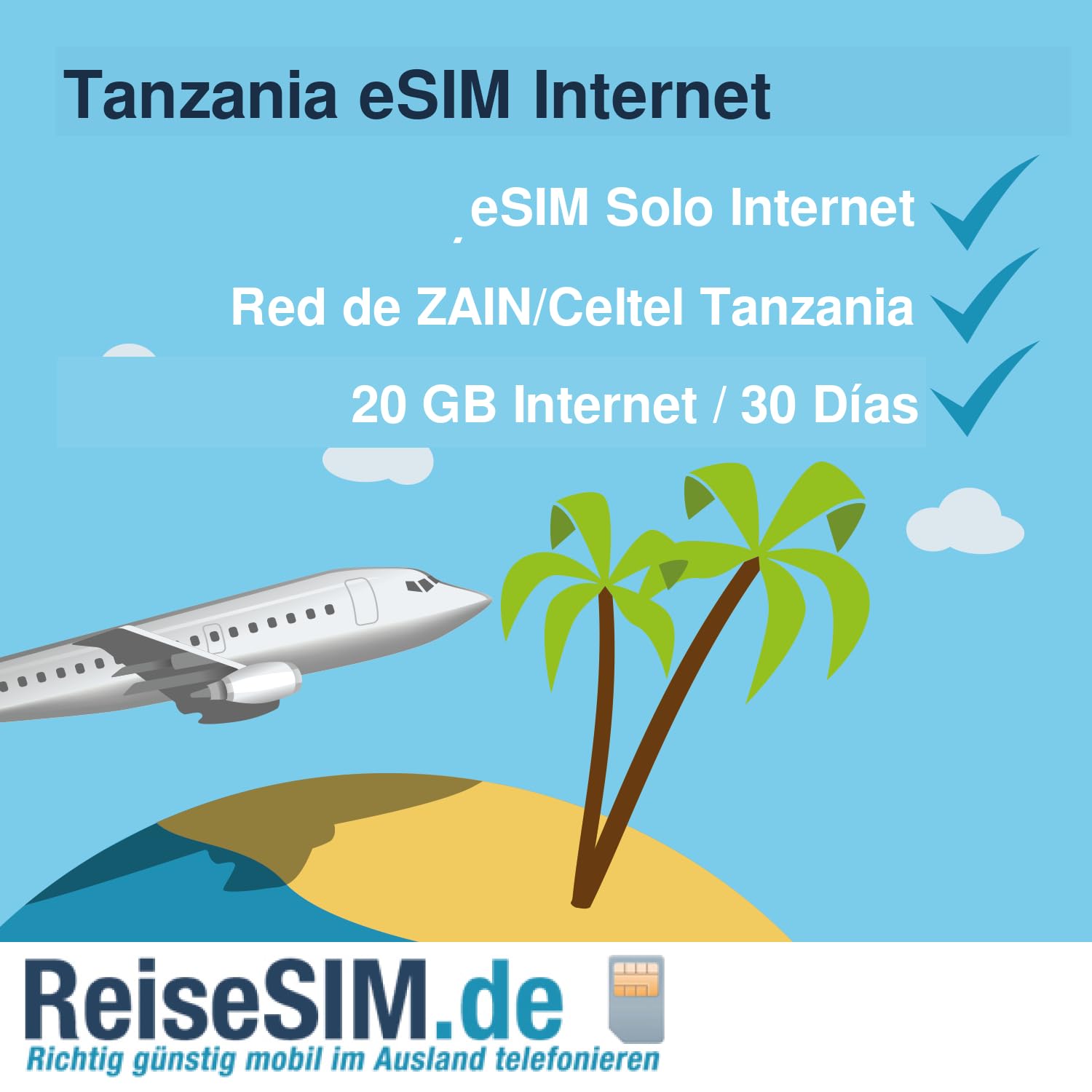 Carte SIM de voyage Tansania Internet - Volume de données de 3 à 20 Go - Validité de 30 jours - Réseau Zain/Celtel 4G/5G - Nano-SIM ou eSIM (20 Go/30 jours, eSIM (code QR))