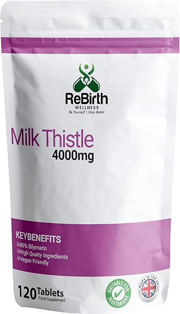 Rebirth Wellness Milk Thistle 4000mg - 120 High Strength Milk Thistle Tablets for Liver Support - Gluten Free - 80% Silymarin - Vegan Friendly Herbal Supplements - Made in UK to GMP Standards