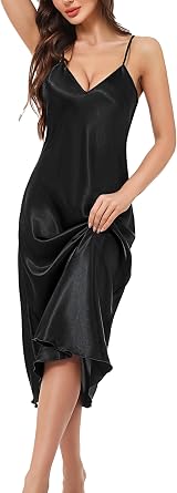 Litherday Women Silk Nightdress Lingerie Long Negligees Satin Chemise Nighty Nightwear Nightgown Full Slips Babydoll Sleepwear Strap Dress