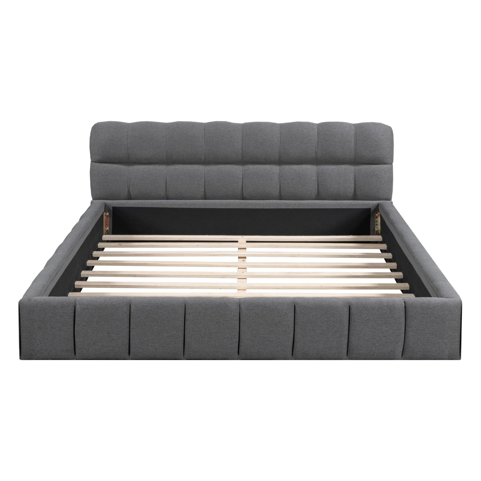 Cama acolchada de 140 x 190 cm, cama de matrimonio acolchada de tela con estructura de cama con cabecero y somier de láminas, cama de matrimonio para niños, respaldo suave y estructura acolchada (gris