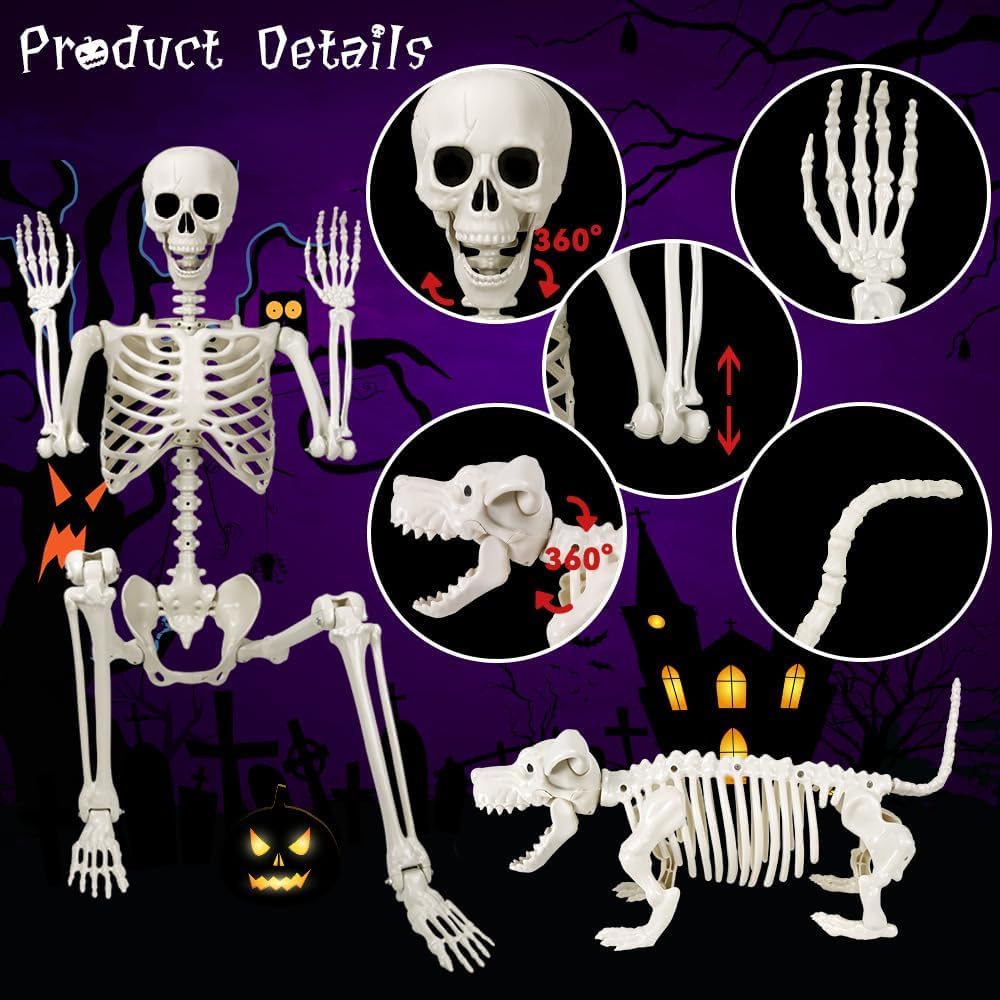 165cm Halloween Bewegliches Skelett mit Hund, Ganzkörper Hunde Lebensgroßes Skelett Realistische Menschliche Skelette mit beweglichen Gelenken für Halloween Outdoor Party Dekoration