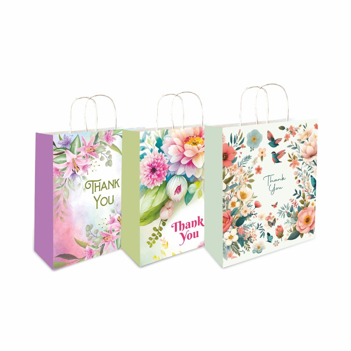 Omnipresent Pack Small Floral Printed 90 GSM Thank You Paper Gift Bags Combo, Set of 12, Ideal For Birthday Gift, Return Gift Bags, Office Party, Corporate Gifting & Get Together (Size:9.4x7.9x3 inch)-image-40
