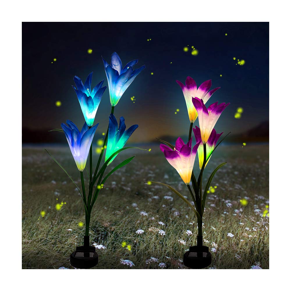 BASIWEI Outdoor Solar Garden Stake Lights, 2 Pack Solar Garden Lights with 8 Lily Flower, Waterproof Solar Powered Fairy Lights for Outdoor, Garden, Patio, Backyard(Purple and Blue)