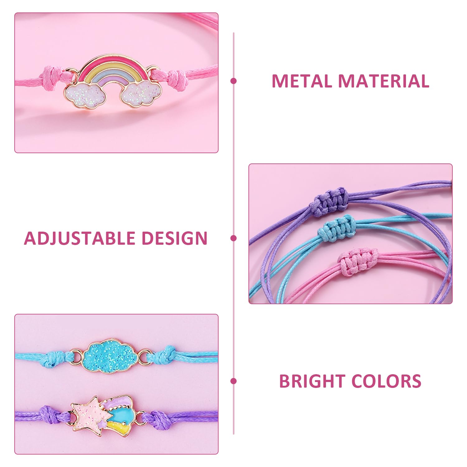 Lot de 6 bracelets colorés pour enfants en cuir réglables arc-en-ciel