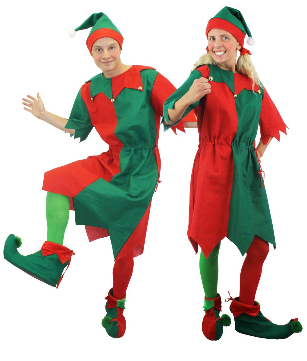 Costume d'elfe de Noël pour adultes – Tunique d'elfe rouge et vert avec clochettes attachées + accessoires – Déguisement de lutin masculin pour homme et femme (taille M + M)