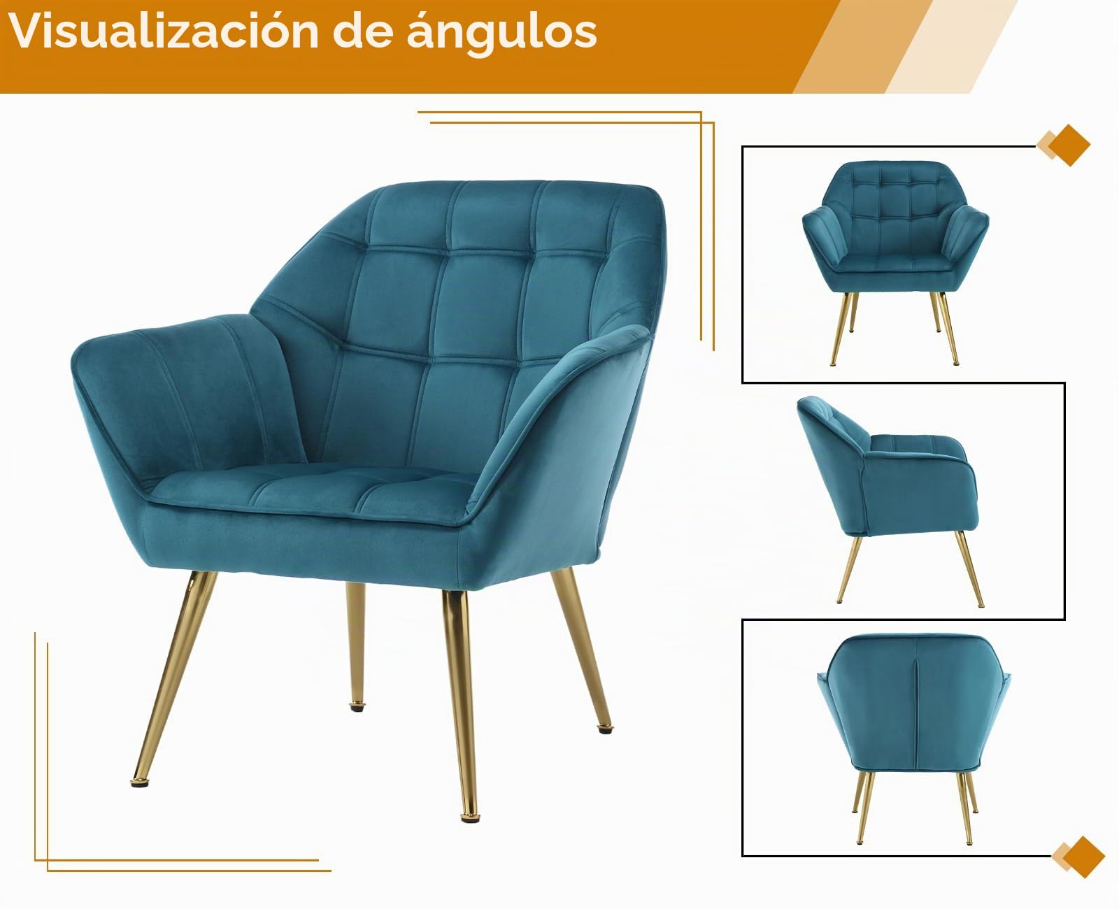 chairus Juego de 2 Sillón de Salón Acolchado con Reposabrazos Butaca Moderna, Sillón Tapizado de Lino Sofá Individual con Patas Metálicas Doradas para Salón/Dormitorio, Azul