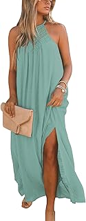 Sleeveless Long Dress for Women Boho Halter Maxi Sundress Casual Loose Dresses Split Cover Up Gown with Pockets - Buy now