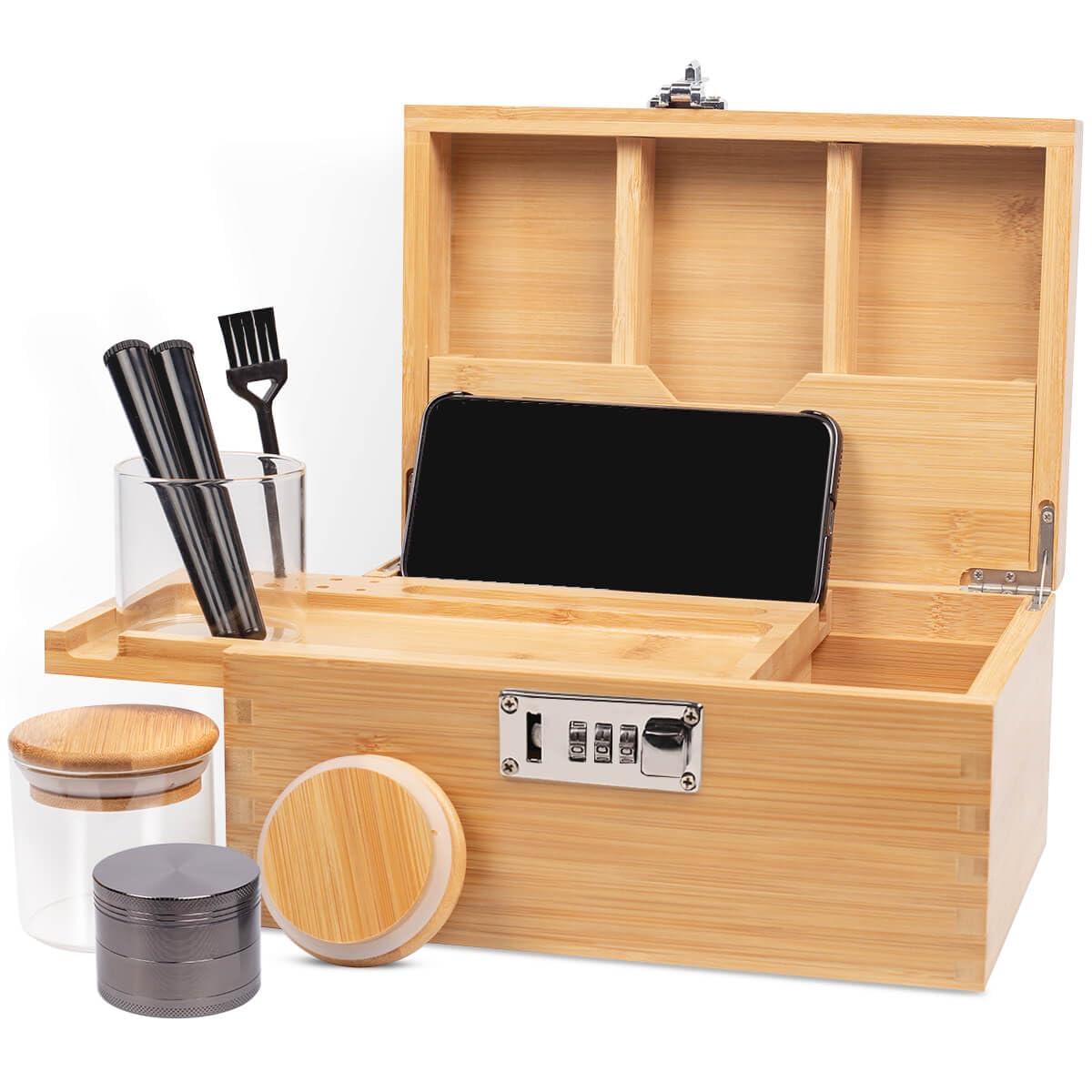 Large Bamboo Storage Box with Lock - Glass Jars Tray Set Wooden Boxes, Decorative Storage with Lid, Locking Wood Box for Home Storage | Accessories Organizer