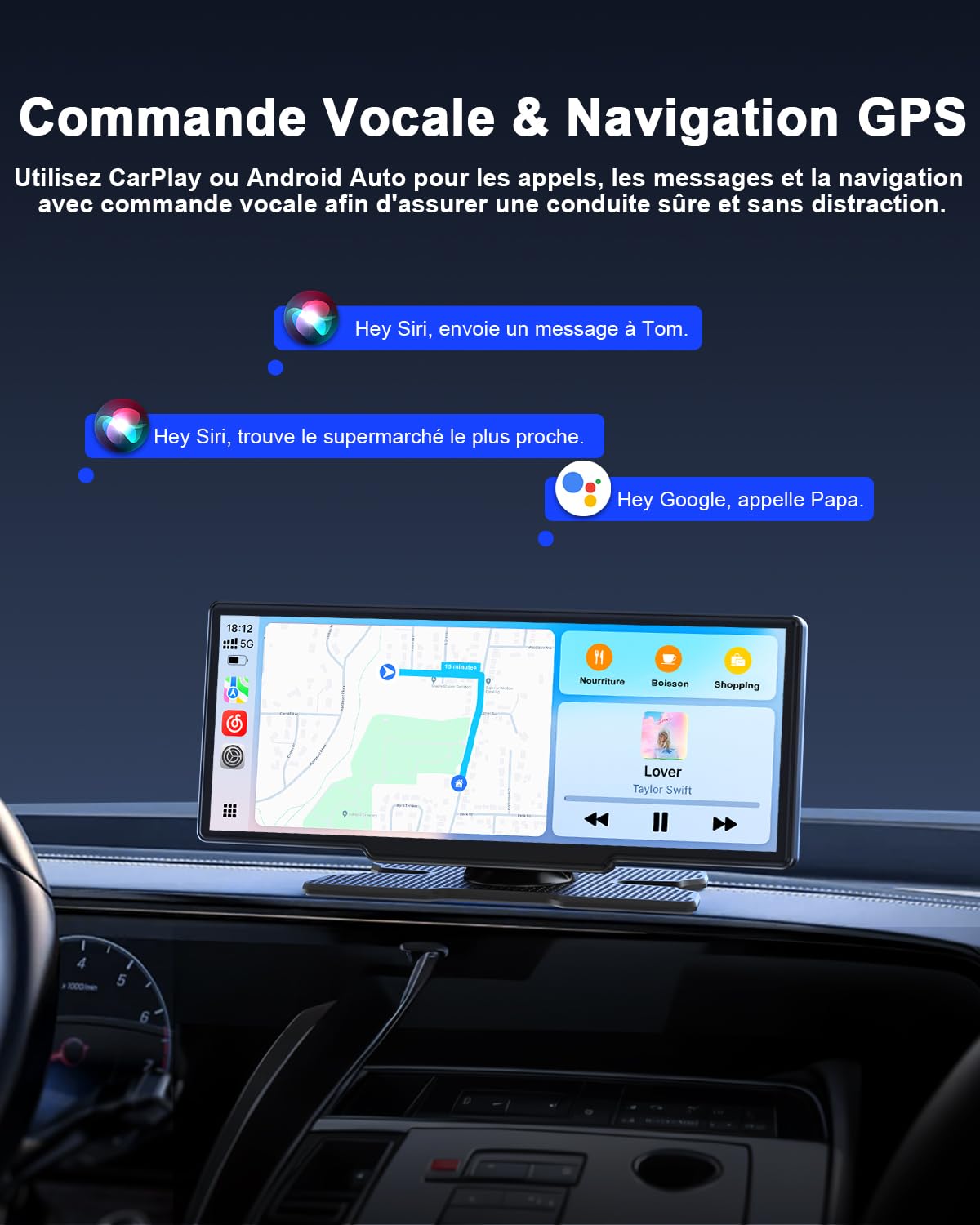 Avylet 8,1'' Apple Carplay Voiture pour avec Caméra de Recul, Écran Tactile | Portable, Navigation GPS, Contrôle Vocal Google/Siri, Android Auto, Bluetooth, AUX/FM, Mirror Link, OTA, 21.3*2.5*8.7cm