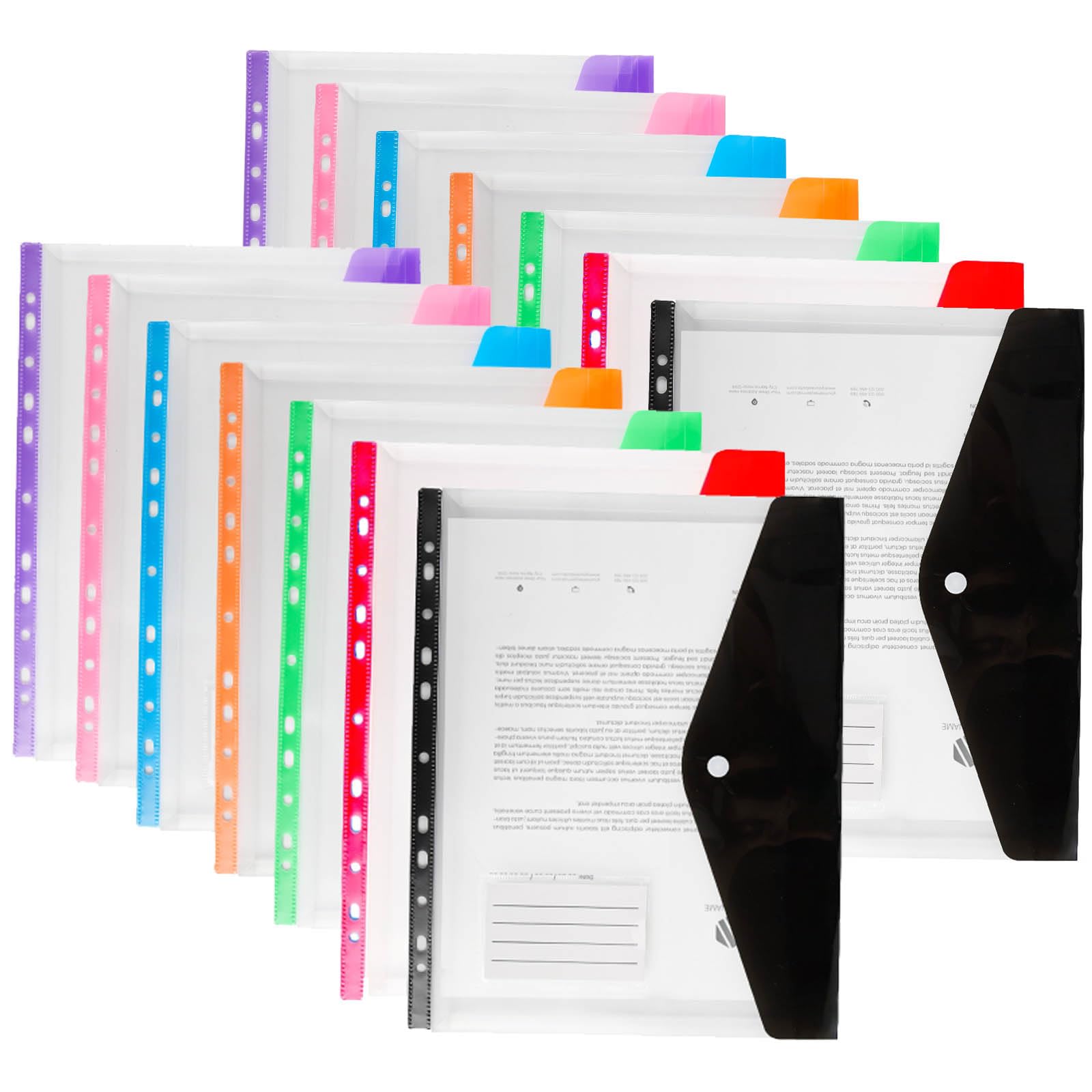 14PCS Plastic Wallets A4 Punched Pockets, 11 Holes Expandable Binder Folders for 2/3/4 Ring Document Pouch with Snap Button & Label Loose-Leaf Transparent for Office School Home (Side Open)
