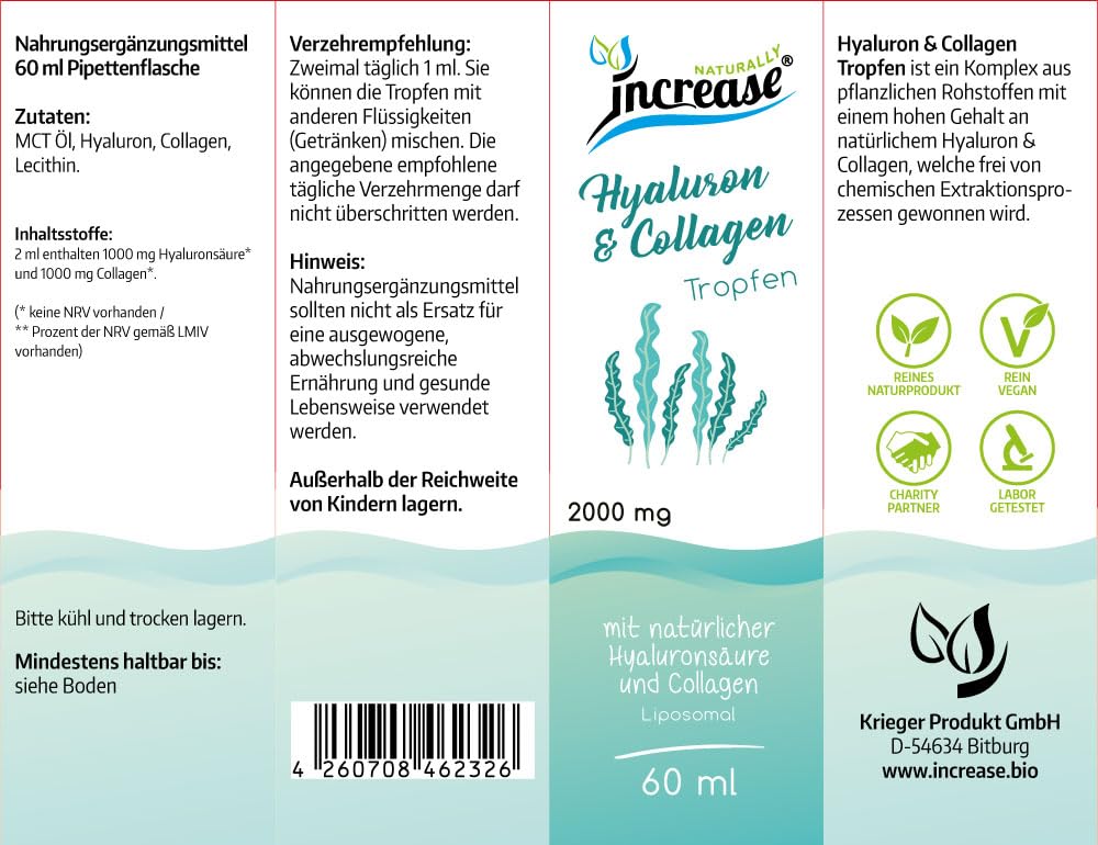 Liposomale Hyaluron & Collagen Tropfen hochdosiert - (60.000mg pro Packung) 2000mg Hyaluron & Collagen pro Tagesdosis - MCT Öl - Hohe Bioverfügbarkeit