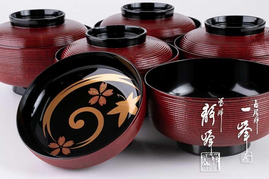 【輪島塗　蒔絵沈金吸物椀　五客　共箱】漆器　料亭　料理　食器 輪島塗 蒔絵沈金吸物椀 五客 共箱】漆器 料亭 料理 食器 輪島塗