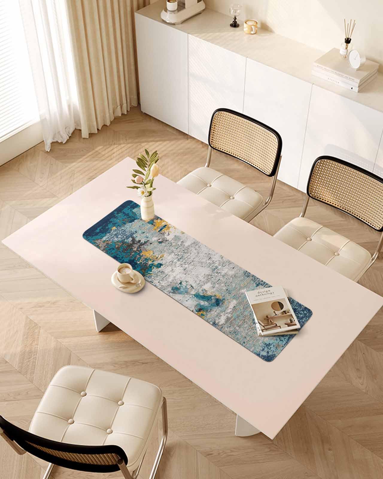Debedcor Heat Proof Table Pads Waterproof Decorative, Grey Blue Modern Non-Slip Table Countertop Protector, Abstract Shabby Retro Oil Painting Insulation Mat for Dining Room, 48 x 12 Inches
