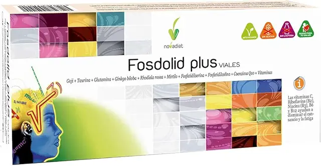 Imagen relacionada con Novadiet - FOSDOLID PLUS Viales - Goji, L-Taurina, L-Glutamina, Ginkgo biloba, Rhodiola, Mirtilo, Coenzima Q10, Vitaminas C-B1-B2-B3-B6, Ácido fólico, B12,Rendimiento Intelectual y Energía - 20 viales