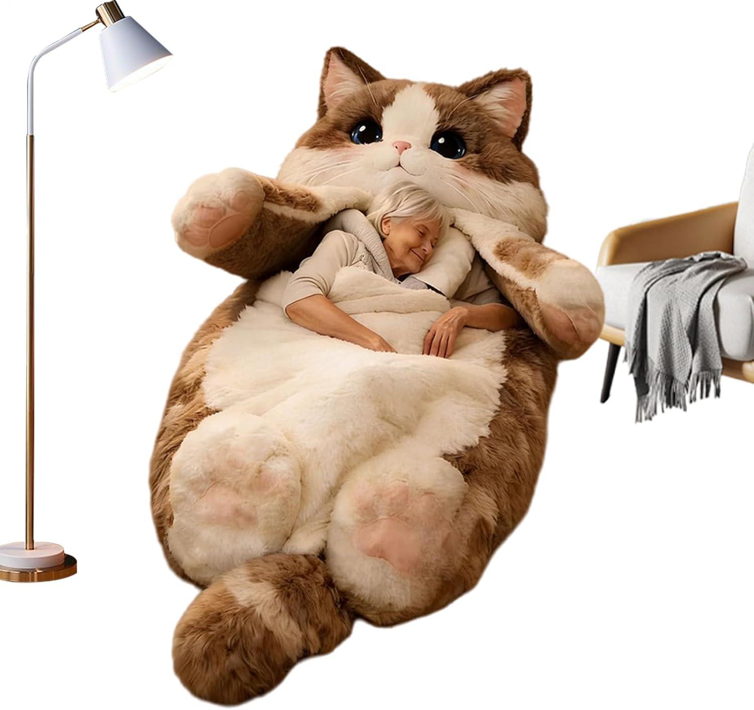 Large Adult Soft Cat Sleeping Bag, Cute Cold Weather Sleeping Bag, Washable Plush Cat Envelope Sleepings Bags for Indoor Bedroom Living Room Playroom Apartment Dorm Birthday Housewarming Holiday