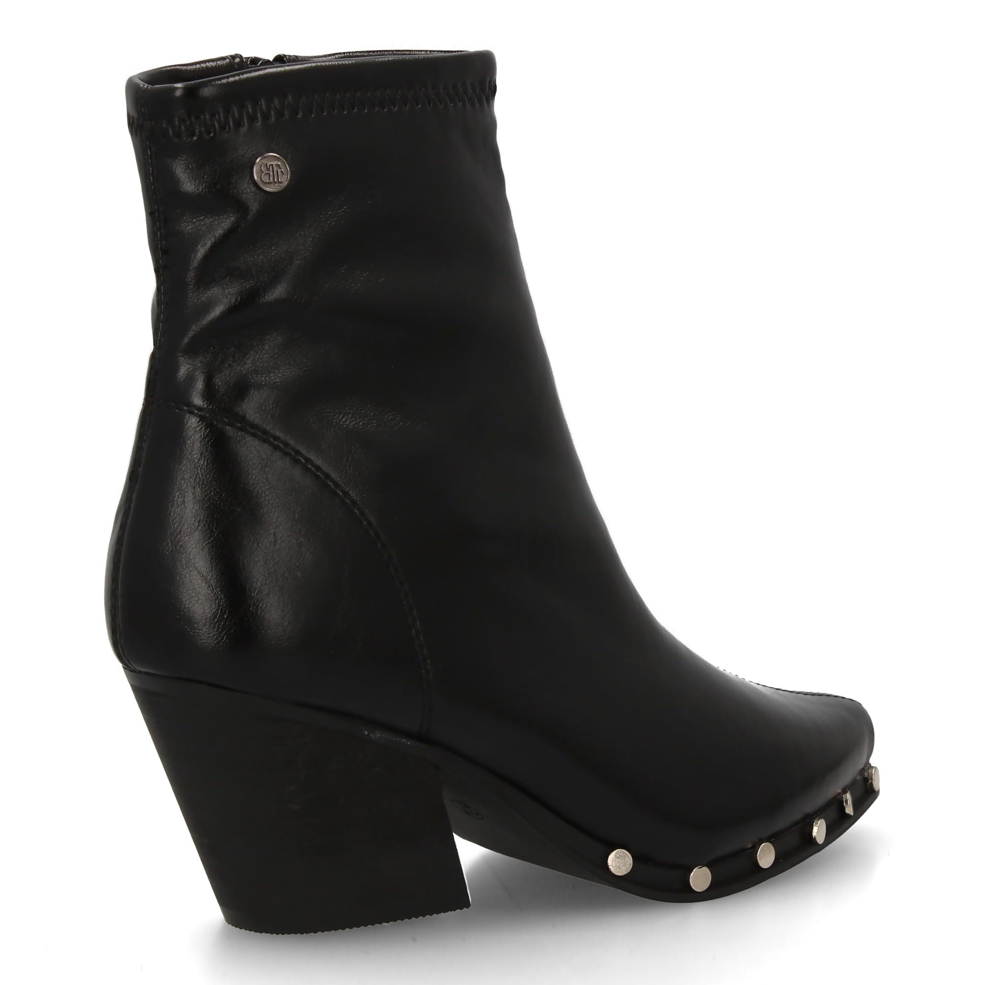 Botin de Mujer con Tacon Cubano, Detalles de Tachuelas, Estilo Moderno Acabado en Pico, Estampado Liso, Cierre Lateral de Cremallera, Ideal Otono Invierno.