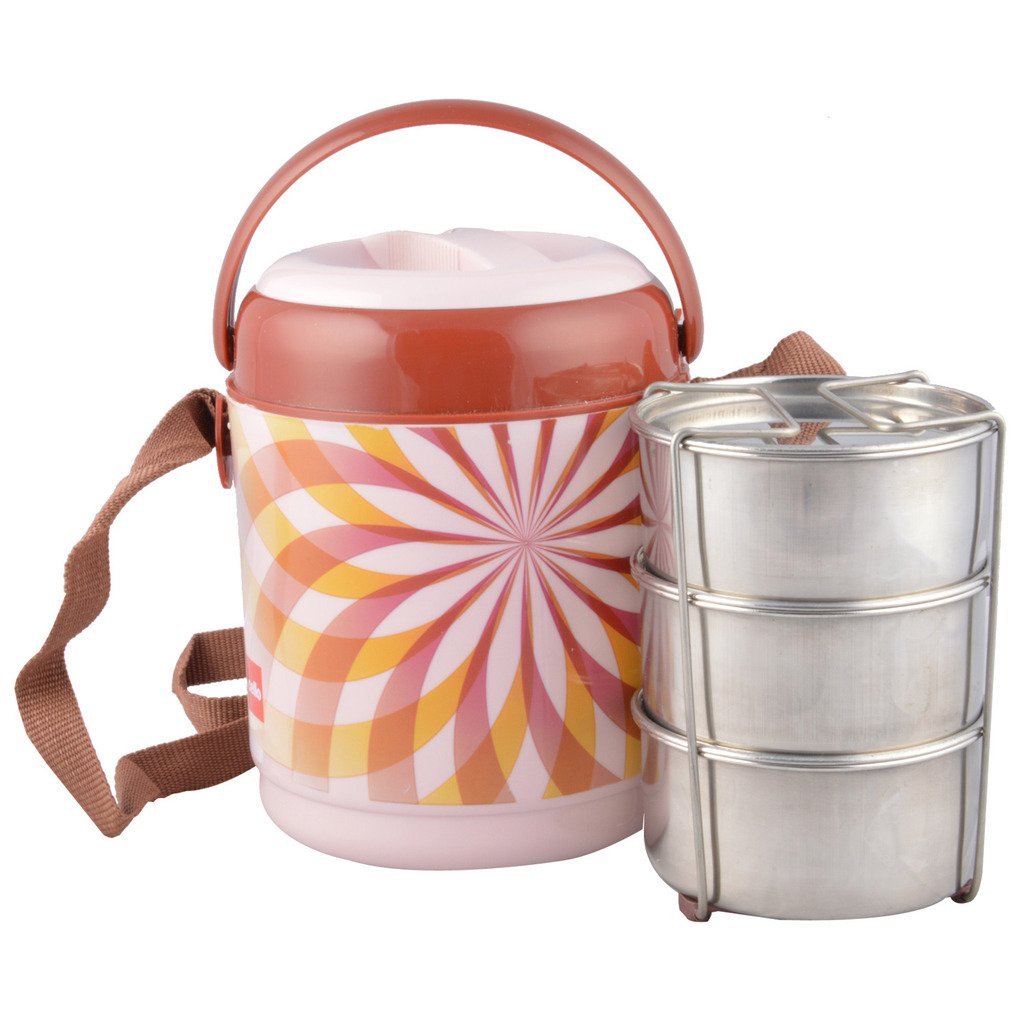 CELLO Mark 3 Plastic Insulated Lunch Carrier, Brown | Leak Proof Container | Stainless Steel Lunch Box Set of 3 | Lunch Box with Handle | Insulated Lunch Box for Office - Image 2 thumbnail