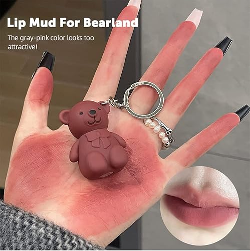 Miniatura 8 de Labiales 2 en 1 con llavero de oso, 6 lápices labiales de oso, brillo de labios de terciopelo mate en niebla, hidratante para labios, impermeable,