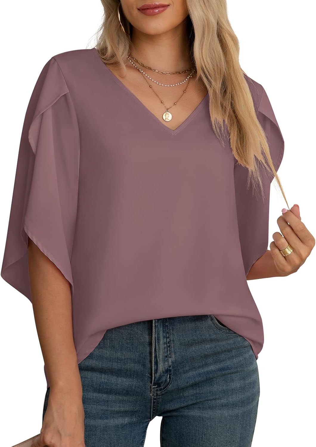 Jouica Women Blouses Casual Chiffon Tops Summer 3/4 Ruffled Sleeve Blouse for Women - Image 3