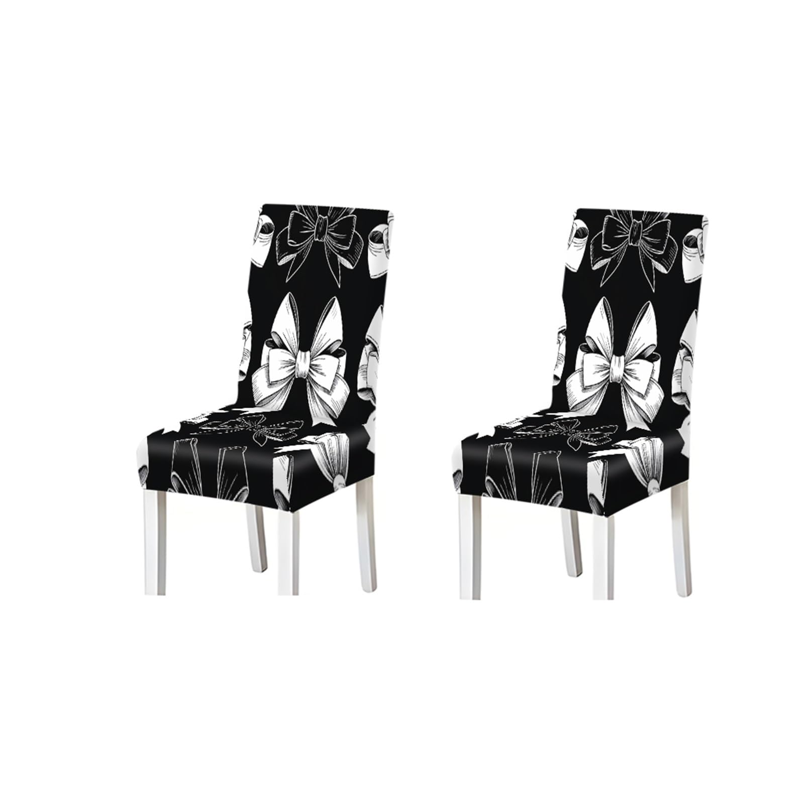 FZJKGH Black White Bow Pattern Print Stretch Dining Chair Covers Set Of 2/4/6, Slipcovers For Kitchen Dining Room Living Room Café Party(2PCS Chair cover)
