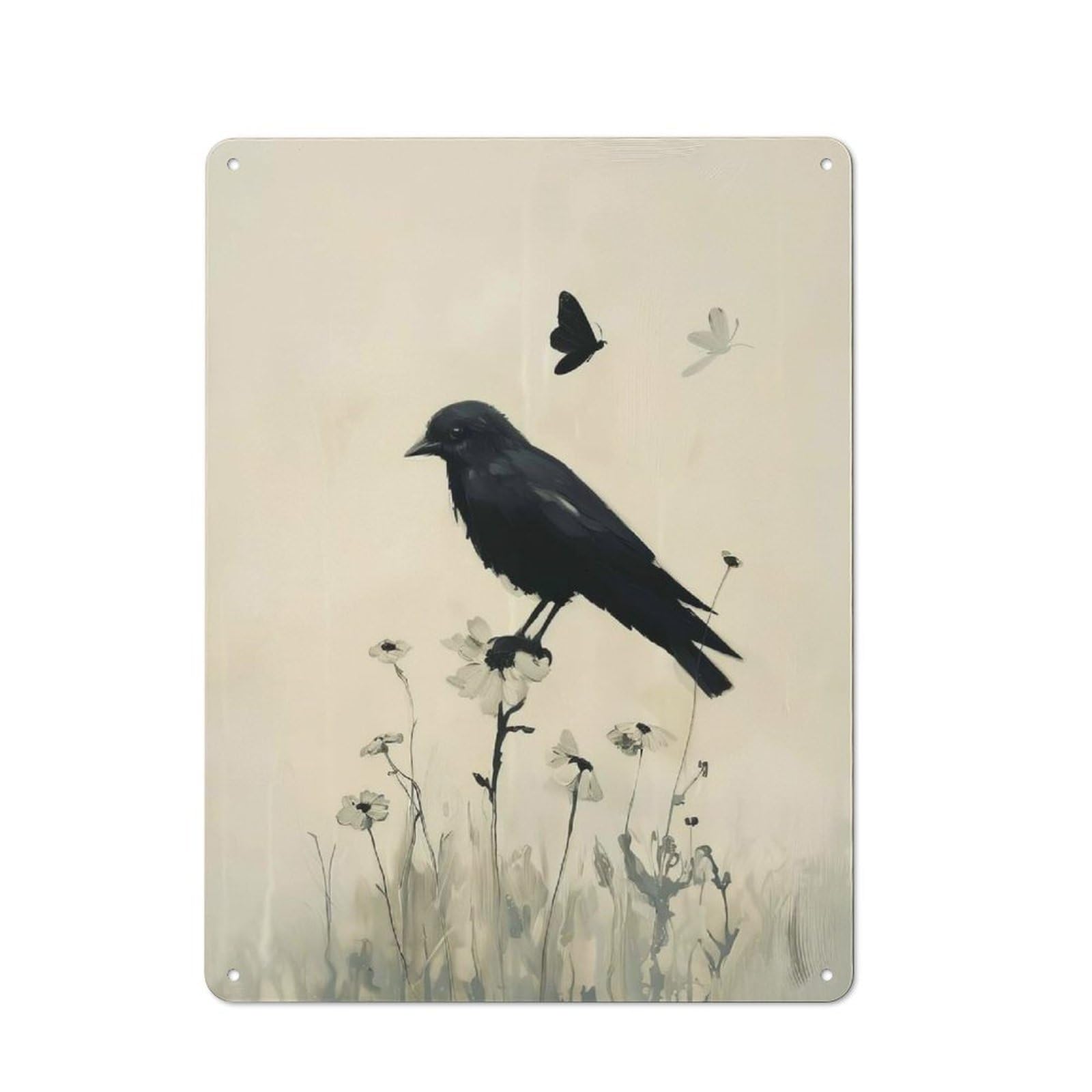 Junmoney Black Crow And Butterflies Rustic Tin Sign 40X30cm Featuring For Bar Or Restaurant, A Housewarming Gift For Bar Decor Enthusiasts