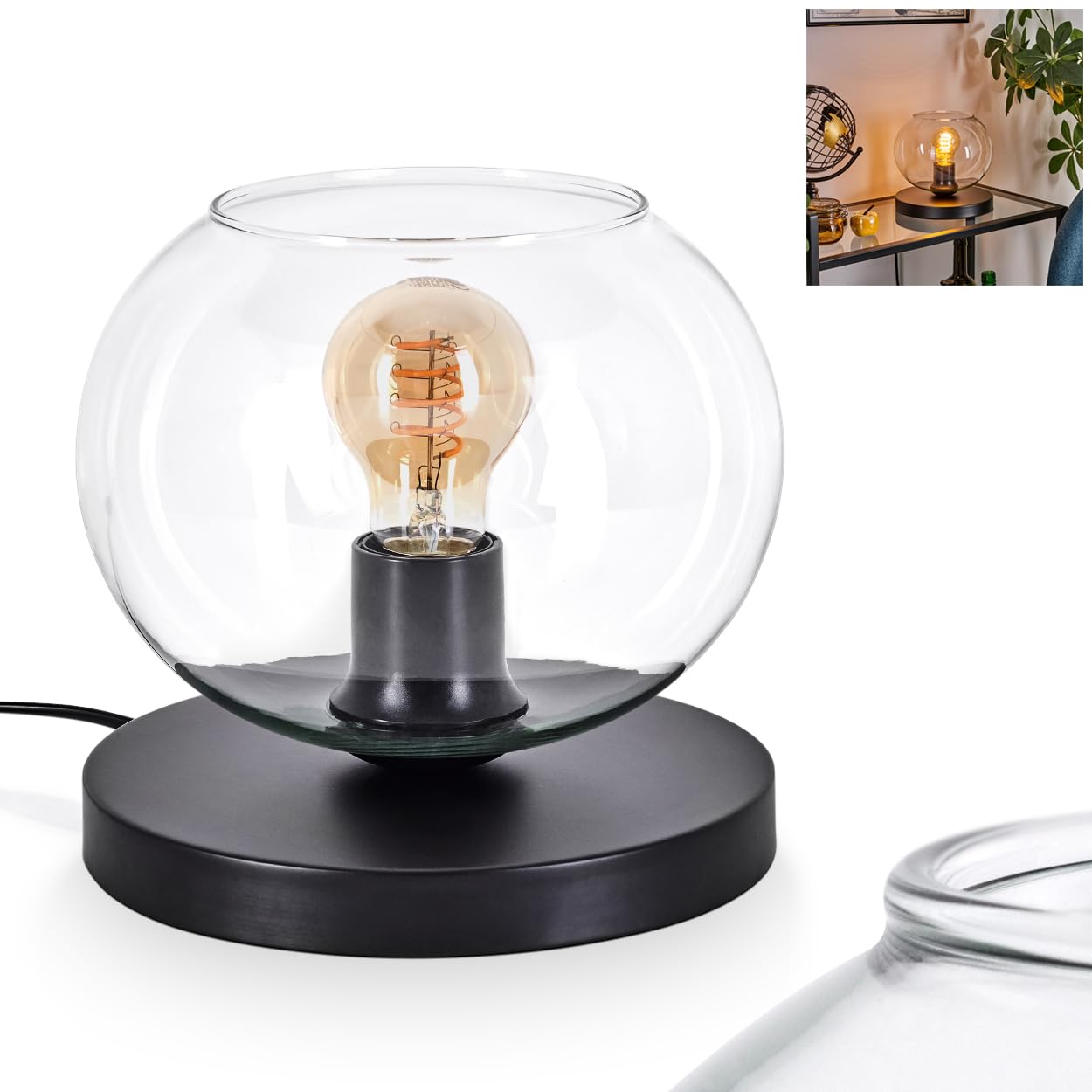 Tischleuchte Apedo, Tischlampe aus Metall/Glas in Schwarz/Klar, Leuchte im modernen Retro/Vintage-Design mit Schirm aus Glas (Ø 20 cm) u. An/-Auschalter am Kabel, 1 x E27, ohne Leuchtmittel