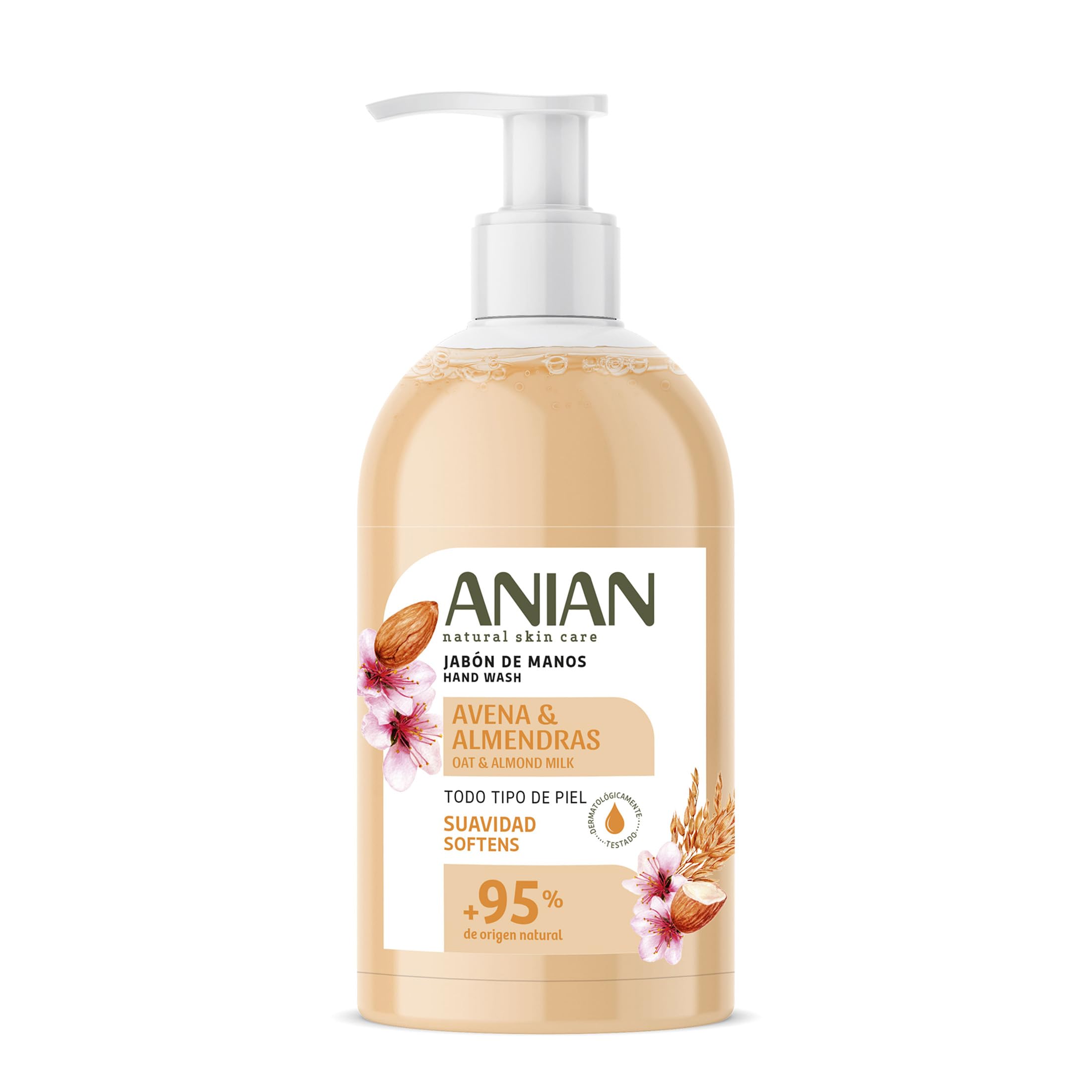 ANIAN - Jabón de Manos Avena y Almendras, 500 ml, para Piel Sensible, con Leche de Avena y Almendra, Calma e Hidrata la Piel, Manos más Suaves, + 95% Ingredientes de Origen Natural