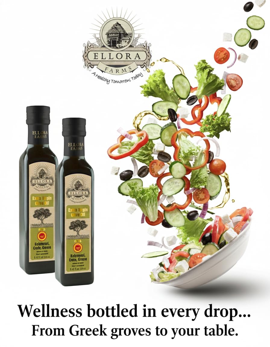 Ellora Farms, Greek Extra Virgin Olive Oil, Certified Single Estate PDO, Traceable, Kosher 8.5 oz. Glass Bottles, Pack of 2