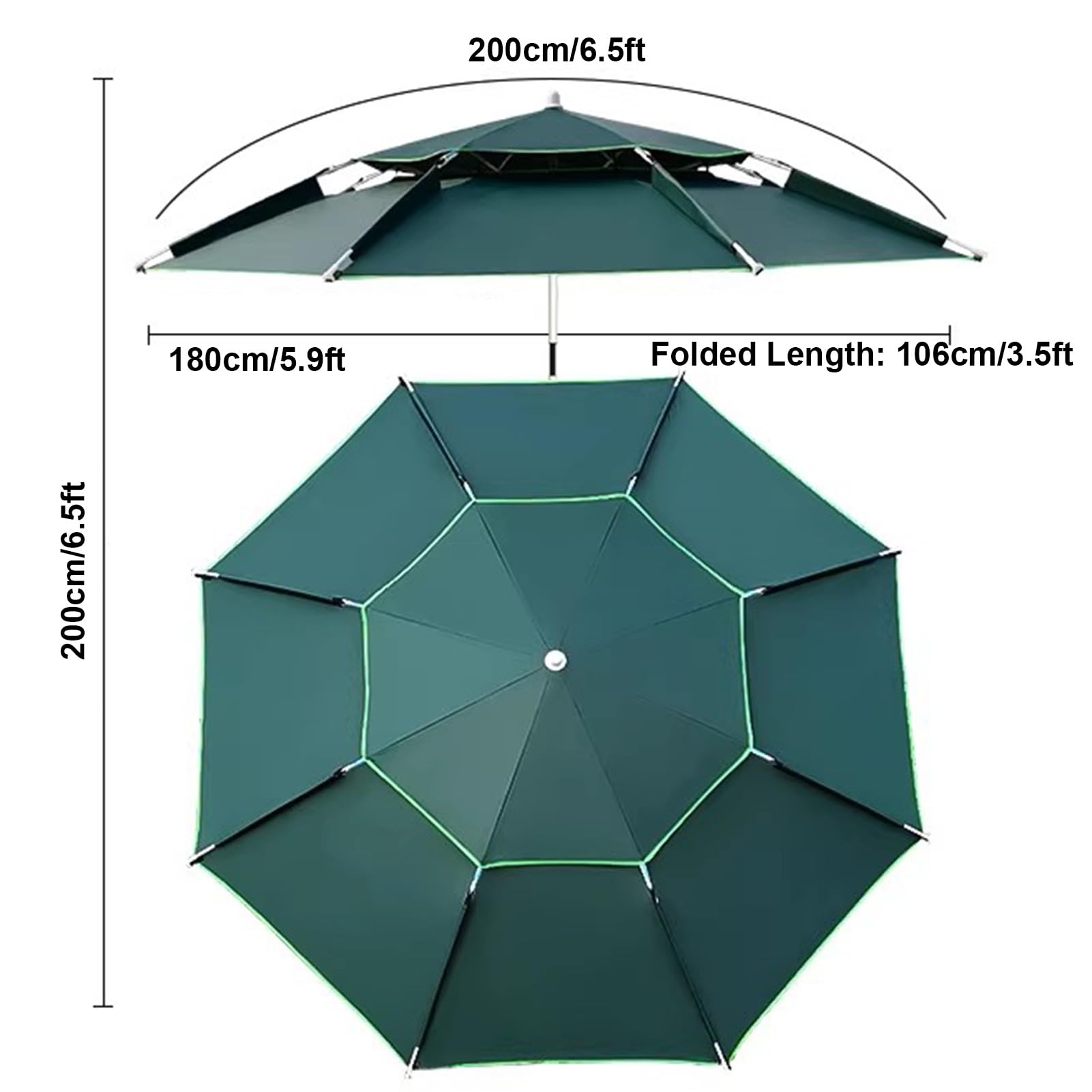 Parasol Wędkarski 6,5/7,2/7,9 Stopy Z Regulacją 360°, Wiatroszczelny Parasol Plażowy Upf50+, Parasol Ogrodowy Z Aluminiowym Drążkiem, 8 Żeber,Green-220cm/7.2ft