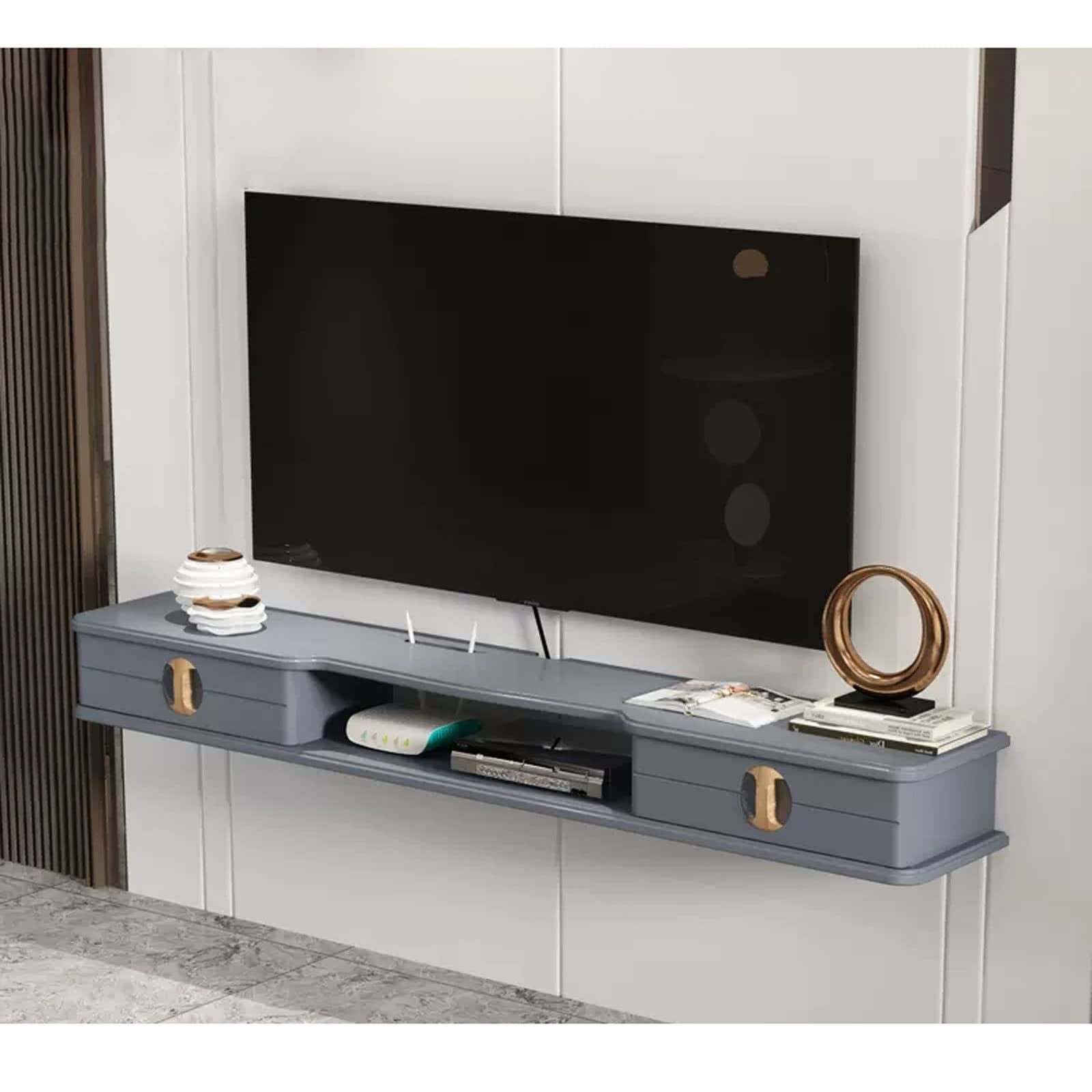 Mensola sospesa da parete con router SetBox, supporto per console TV con ripiano per giocattoli e cornice per foto, lettore DVD, per CD e DVD, Sky Box, supporto per TV e Goo