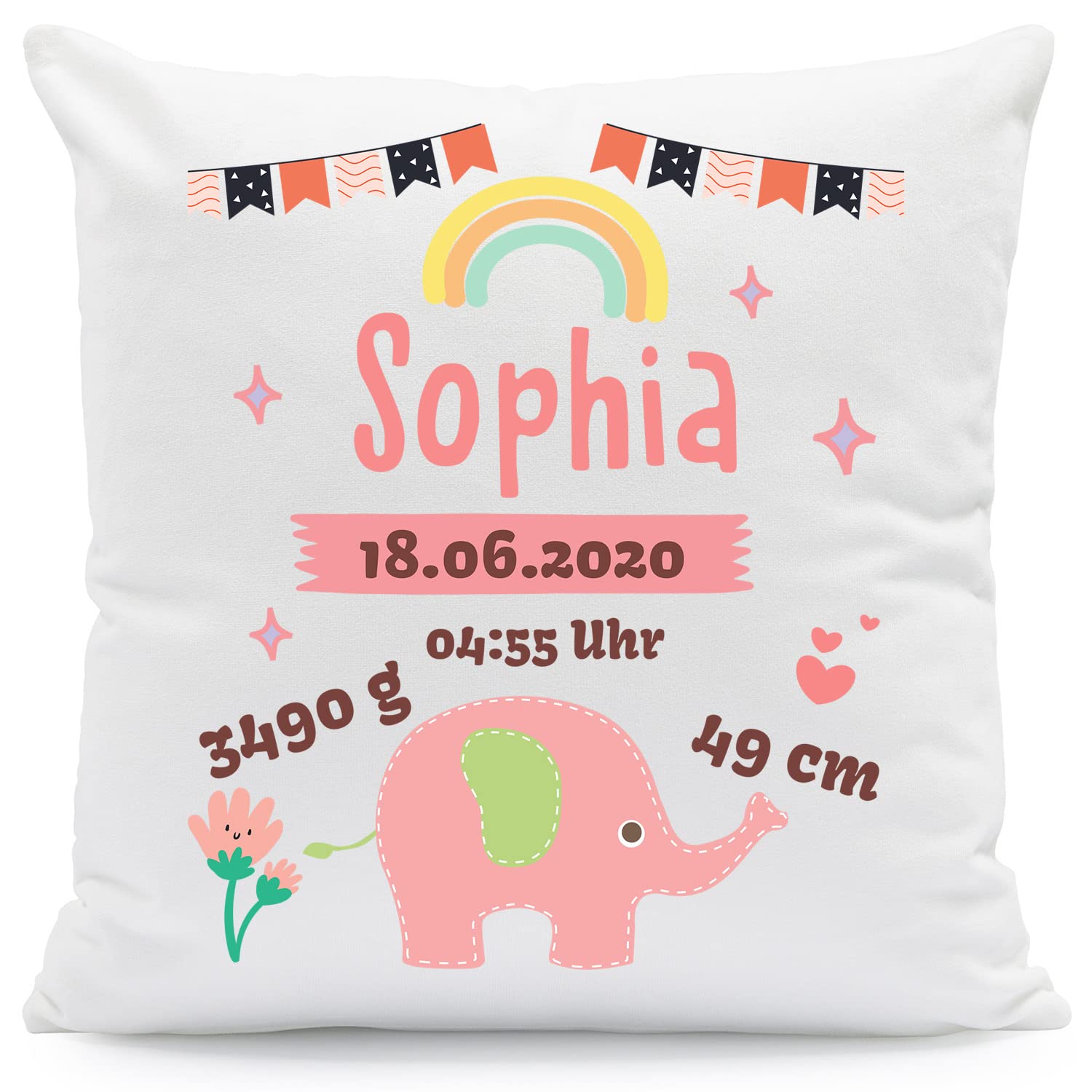 Cuscino Personalizzato Nascita Elefante - Con Nome, Data, Peso, Altezza - Blu, 40x40 Cm, Stampato In Sublimazione - Regalo Per Genitori