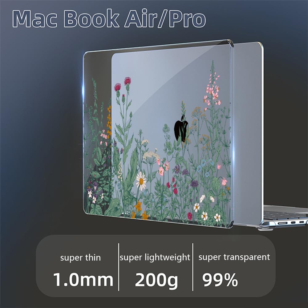 4 in 1 Custodia per Macbook Air M2 M3 M4 13,6 Pollici A2681 A3113 A3240, 2025 2024 2022 con Touch ID, Plastica Case Cover Rigida & Pellicola Tastiera & Proteggi Schermo, Piante da Fiore