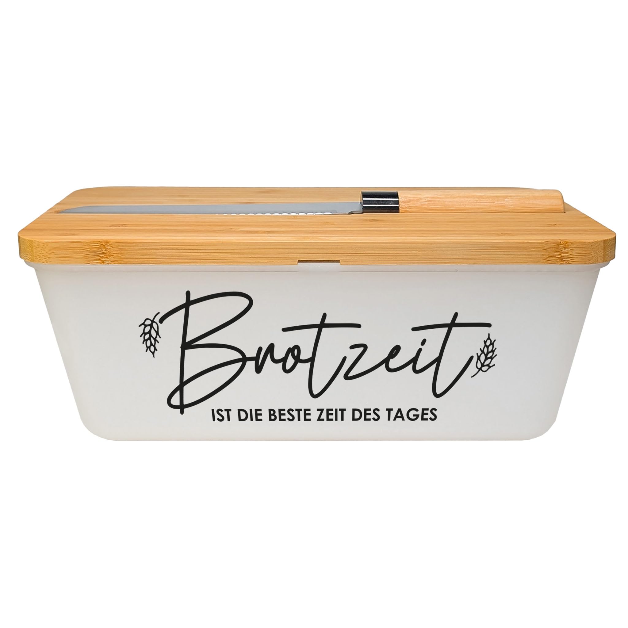 Herz & Heim® Personalisierter Brotkasten mit Bambus Schneidebrett & Brotmesser – Gravur oder Druck – verschiedene Motive – Brotbox mit Deckel – Geschenk für Paare & Familien (Brotzeit)