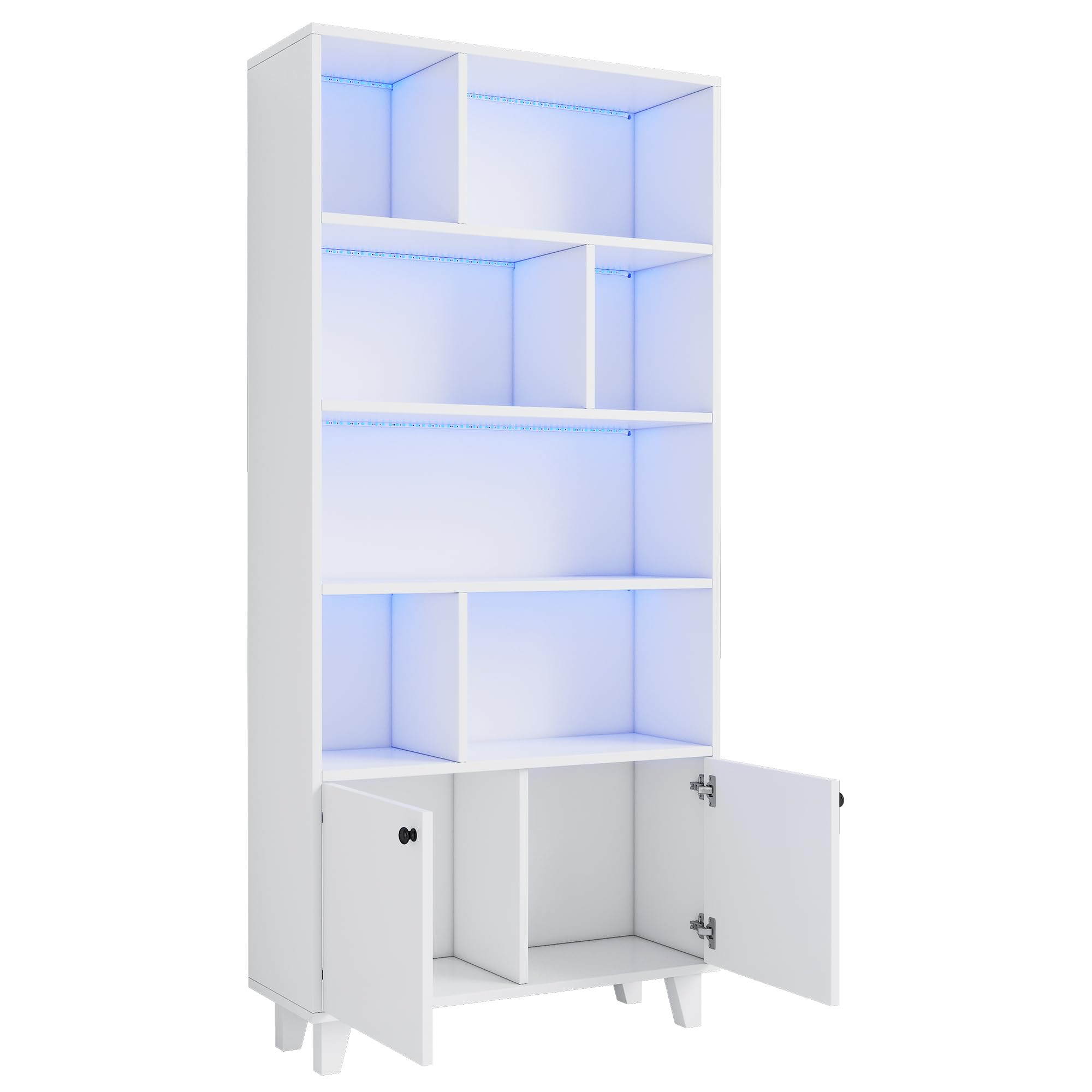 80 x 30 x 173 cm estantería, patas de madera maciza, varios compartimentos, puertas dobles, luz LED que cambia de color, mando a distancia, forma simple (blanco)