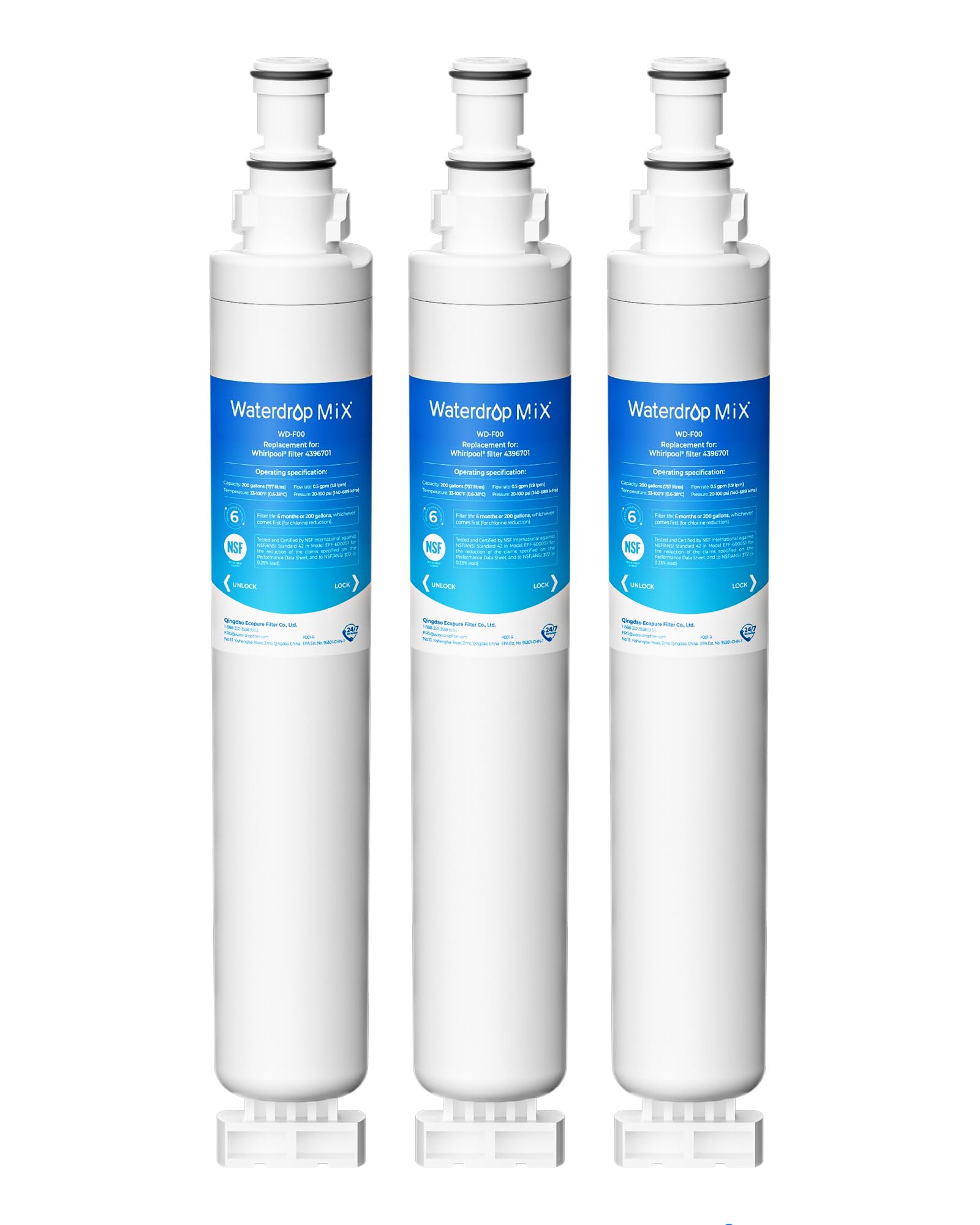 Waterdrop 4396701 Replacement for Whirlpool® EDR6D1, EveryDrop® Filter 6, 4396701, Kenmore 9915, 469915, WF293, RWF2000A, 4396702, LC200V, L200V, WFL200 Refrigerator Water Filter, 3 Pack