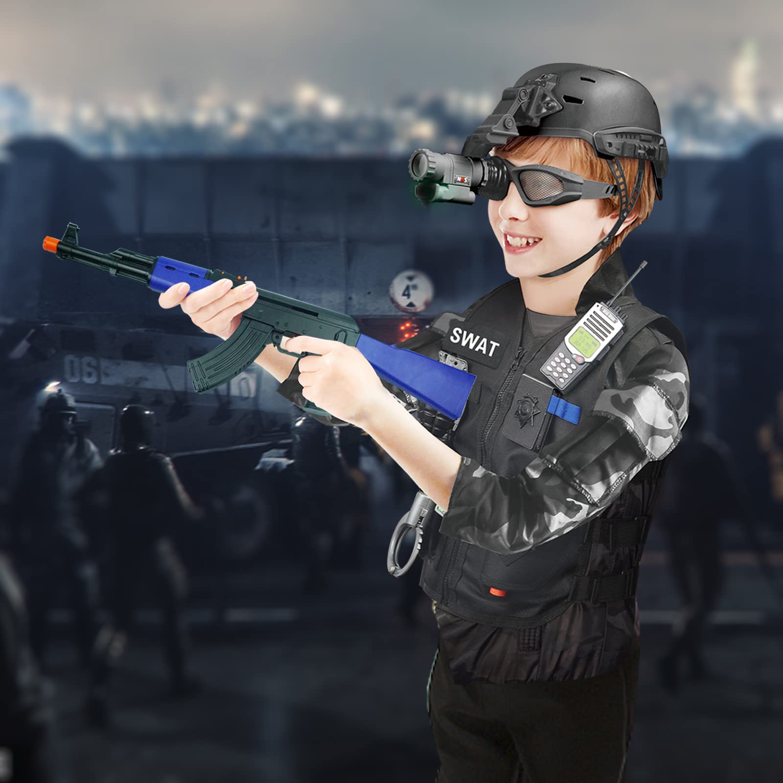 RedCrab Disfraz de Policía para Niño con 12 Accesorios: Equipo, Chaleco, Sombrero, Juguetes, Esposas, Walkie Talkie, Insignia, Cinturón - para Halloween 3-10 Años