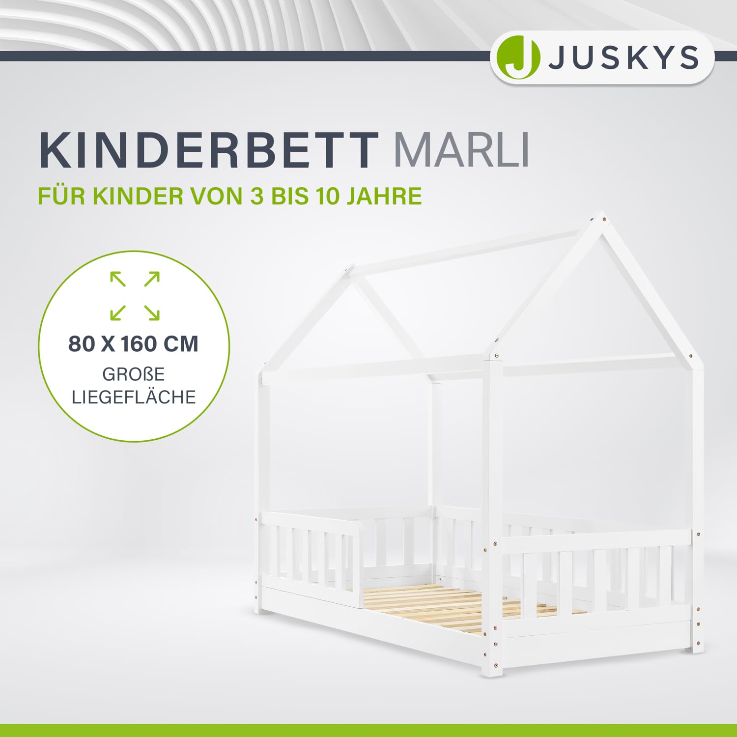 Juskys® Kinderbett Marli 80 x 160 cm mit Rausfallschutz, Lattenrost und Dach - Hausbett für Kinder aus Massivholz - Bett in Weiß