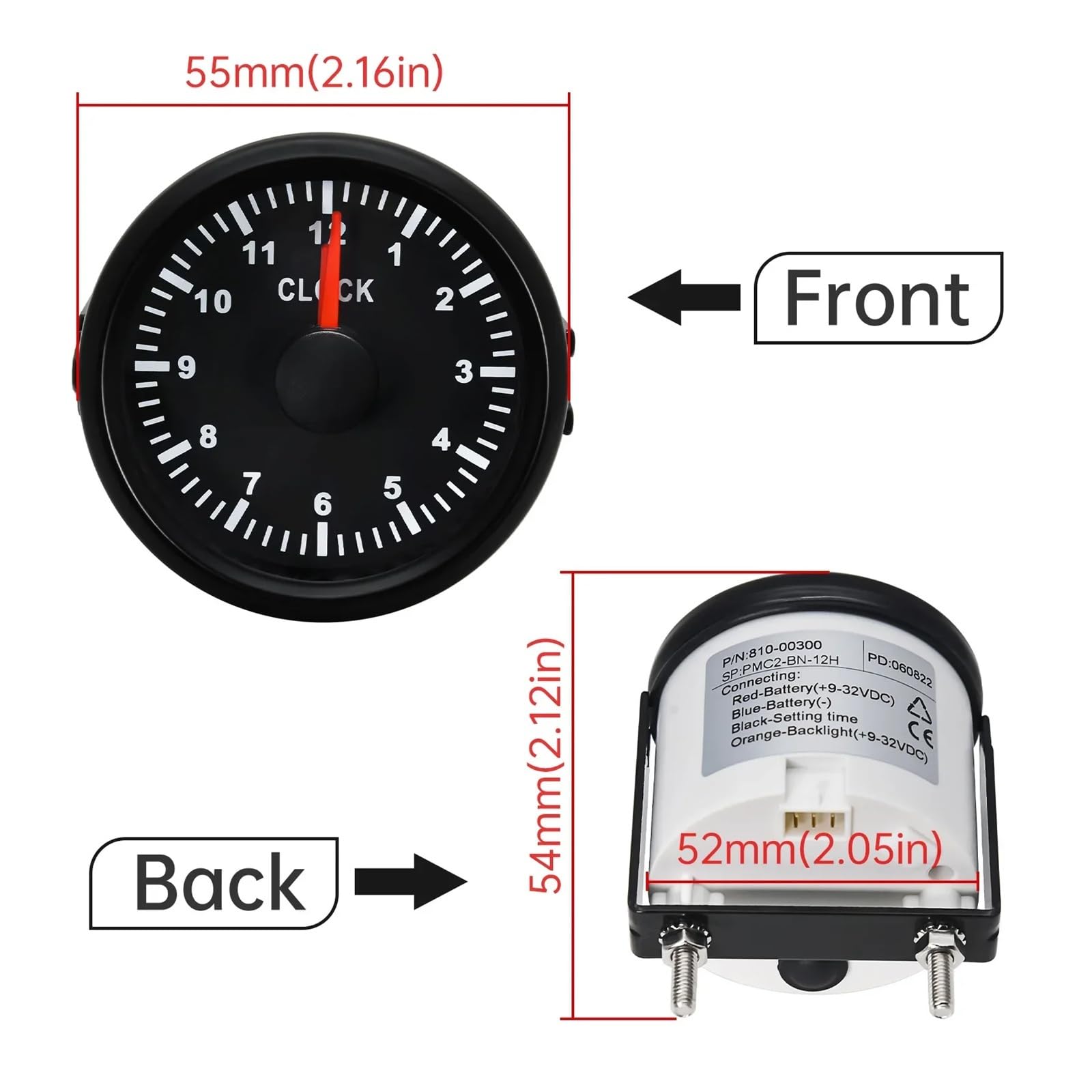 Indicador de reloj de 52mm con luz trasera roja, instrumento de contador de horas de 0-12 horas, contadores de horas for coche, barco, yate, espectáculo de 9-32V Lectura clara(Black)
