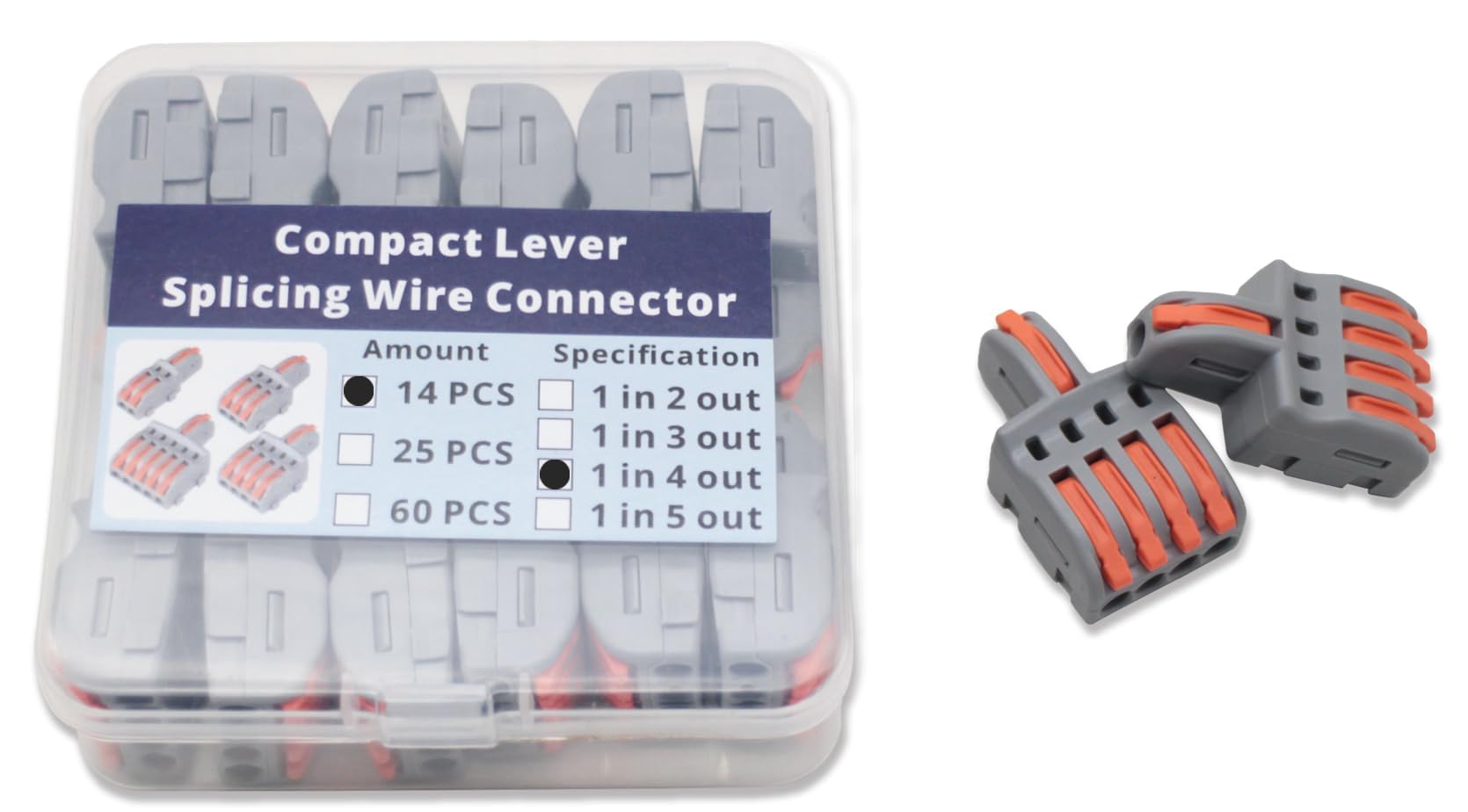 YQSIYU 1 in 4 Out DIY Splicing Wire Connectors, 14 Pcs Lever Nuts 5 Port Clamp Lever Terminal with Orange Handle in Gray