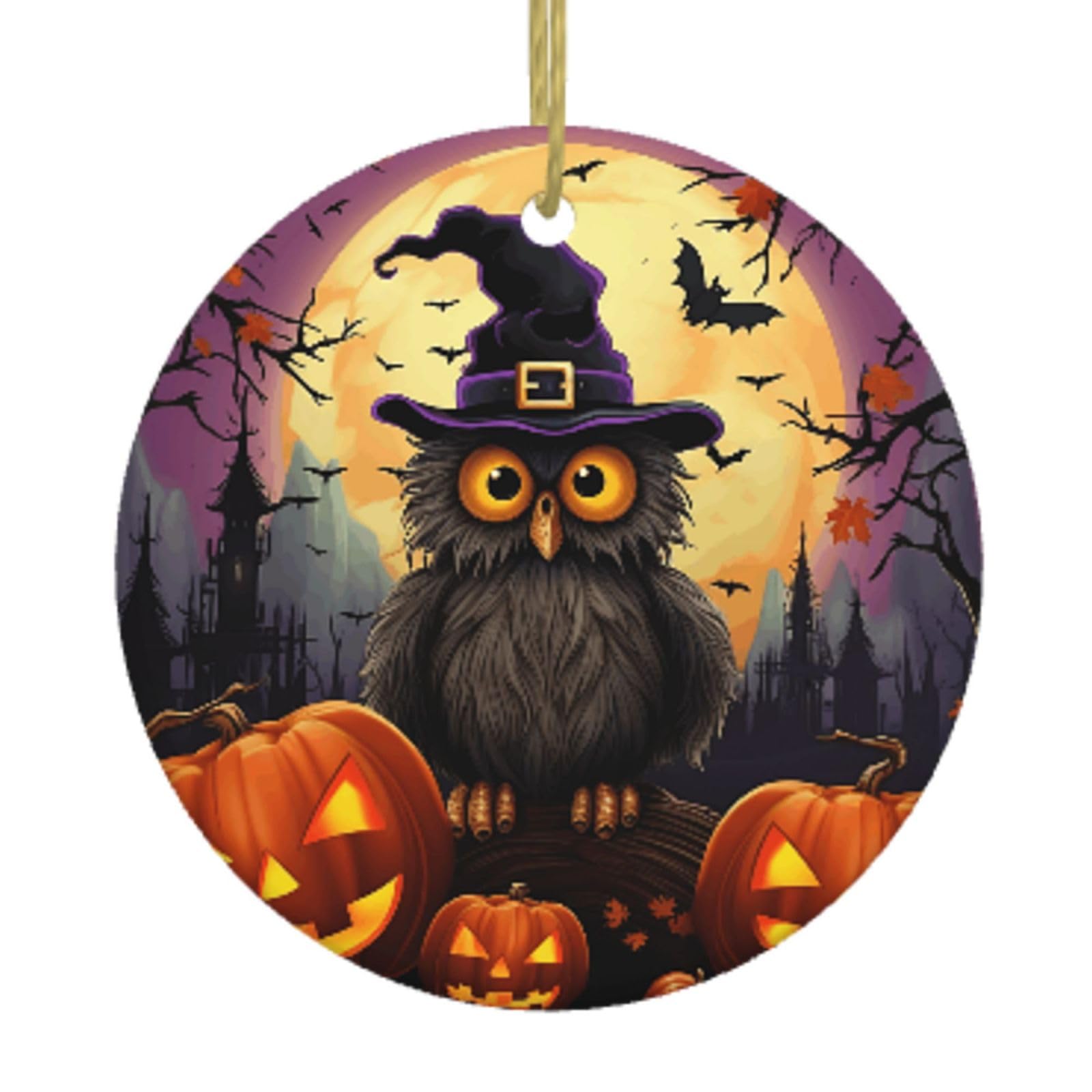 Ceramic Christmas Tree Hanging Ornaments with Gold Ropes Christmas Tree Decorations Round Ceramic Halloween Owl Ghost Pumpkin Pendant Keepsake Decorations for Holiday Xmas Gift Ideas