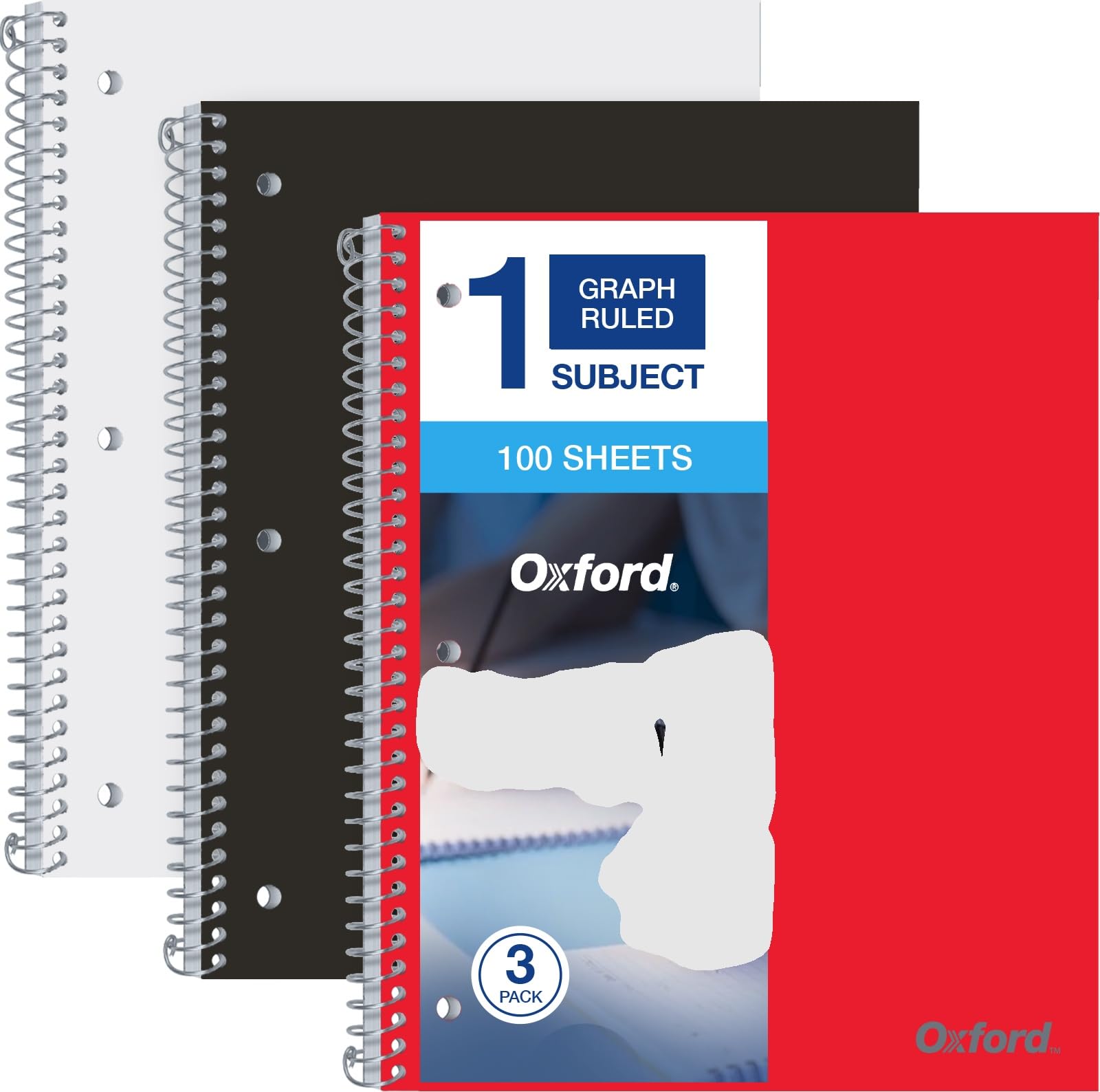 Oxford 1-Subject Graph Notebook - Pack of 3 Quad Ruled (4 X 4) - 8.5 x 11 Grid Paper Notebook - Black Red, And White Covers, 100 Perforated Sheets
